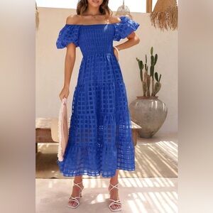 Women’s Summer Puffy Sleeve Off-Shoulder Blue Women’s Dress Small
